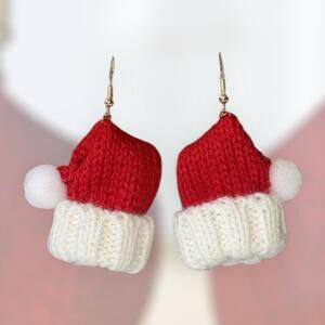 Knit Crochet Santa Claus Hat Winter Christmas Earrings Dangle Fabric Red & White